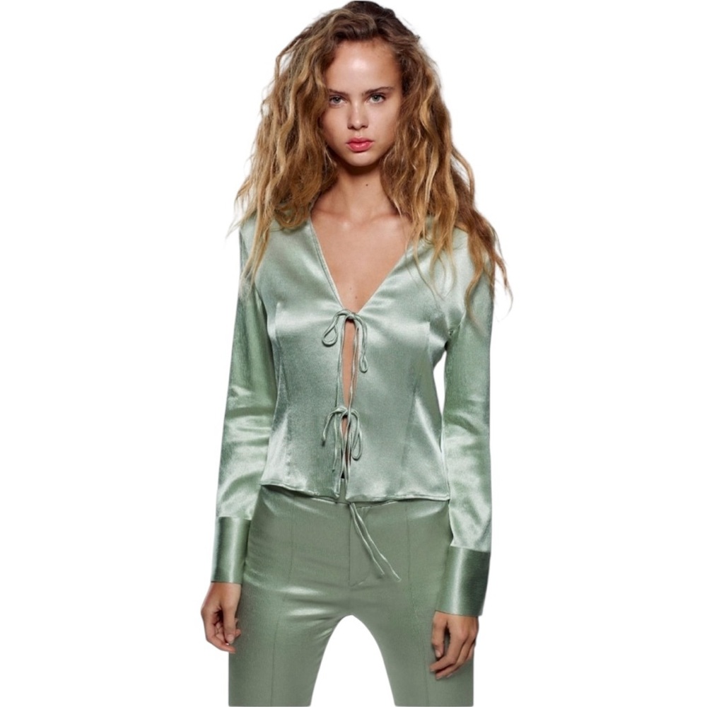 Zara Medium Light Green Satin blouse